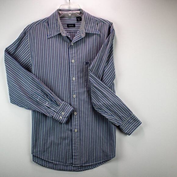 Izod Men's Shirt Size M Button Down Pinstripe Blue Brown Green White Cotton - Picture 3 of 12